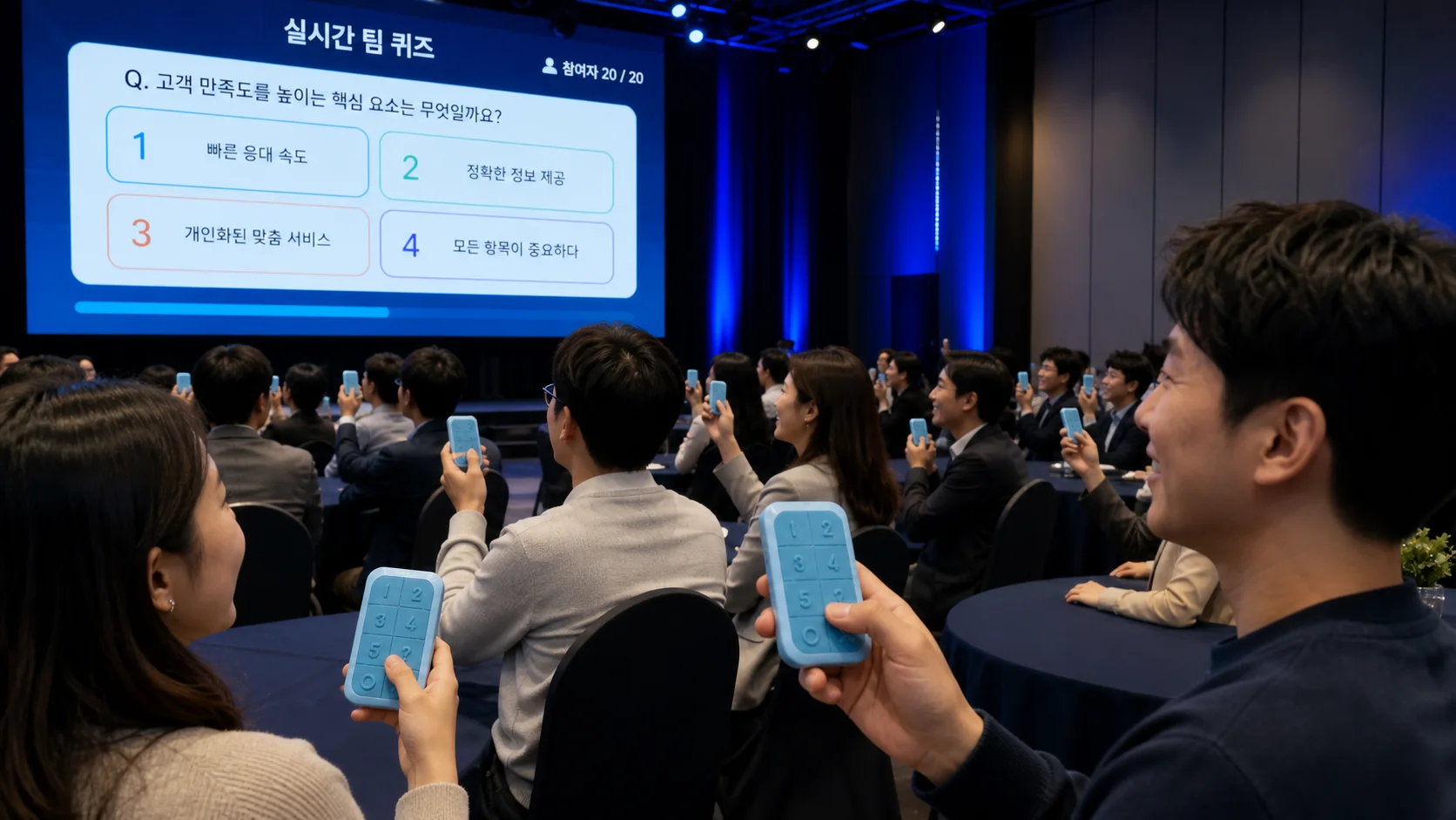 기업 팀빌딩 참가자들이 하늘색 무선투표기로 대형 퀴즈 화면에 응답하는 모습